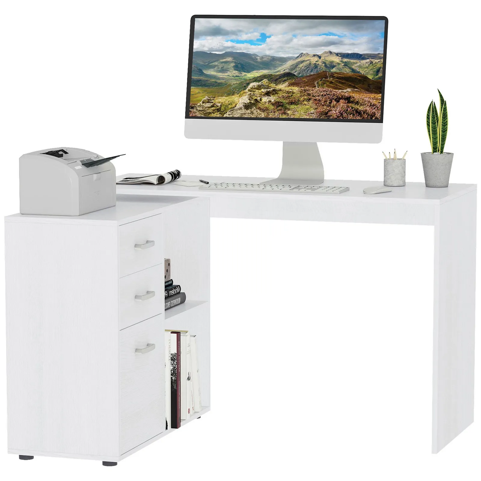 HOMCOM Computer Desk Table Workstation L Shape Drawer Shelf File Cabinet Home in White 2