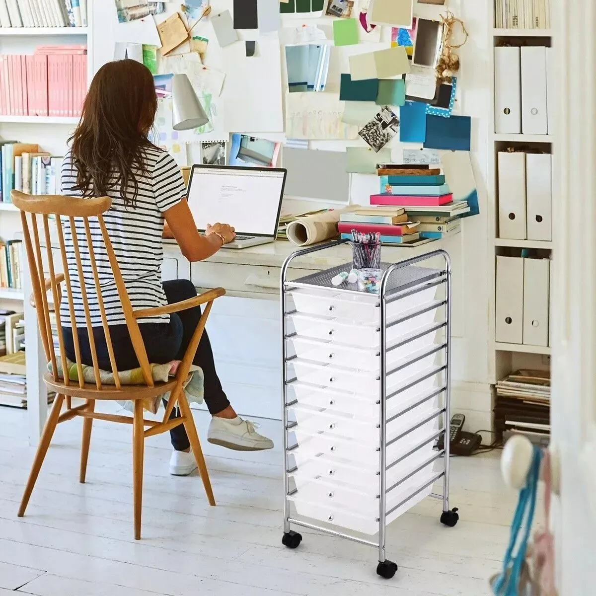 Costway 10 Drawers Storage Trolley Mobile Rolling Utility Cart Home Office Organizer in Clear 6