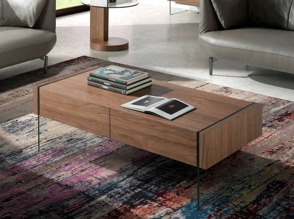 Angel Cerda Walnut Veneer Rectangular Coffee Table with Tempered in Brown 3