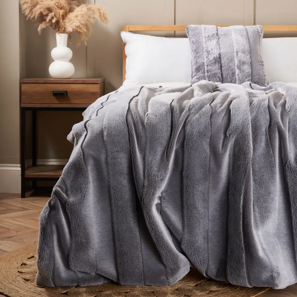 Faux Fur Stripe Cut Throw, Grey