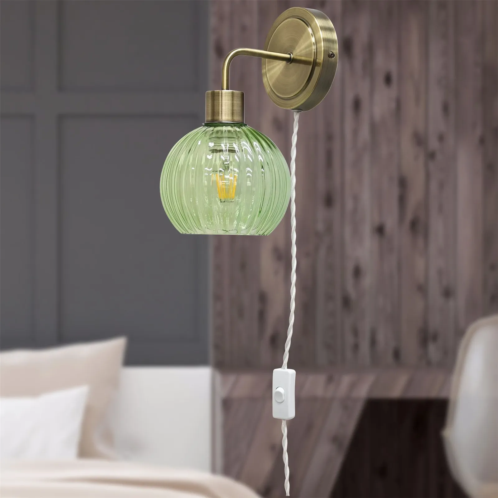 First Choice Lighting Toby - Antique Brass Plug in Wall Light with Betchley Green Shade in Gold 3