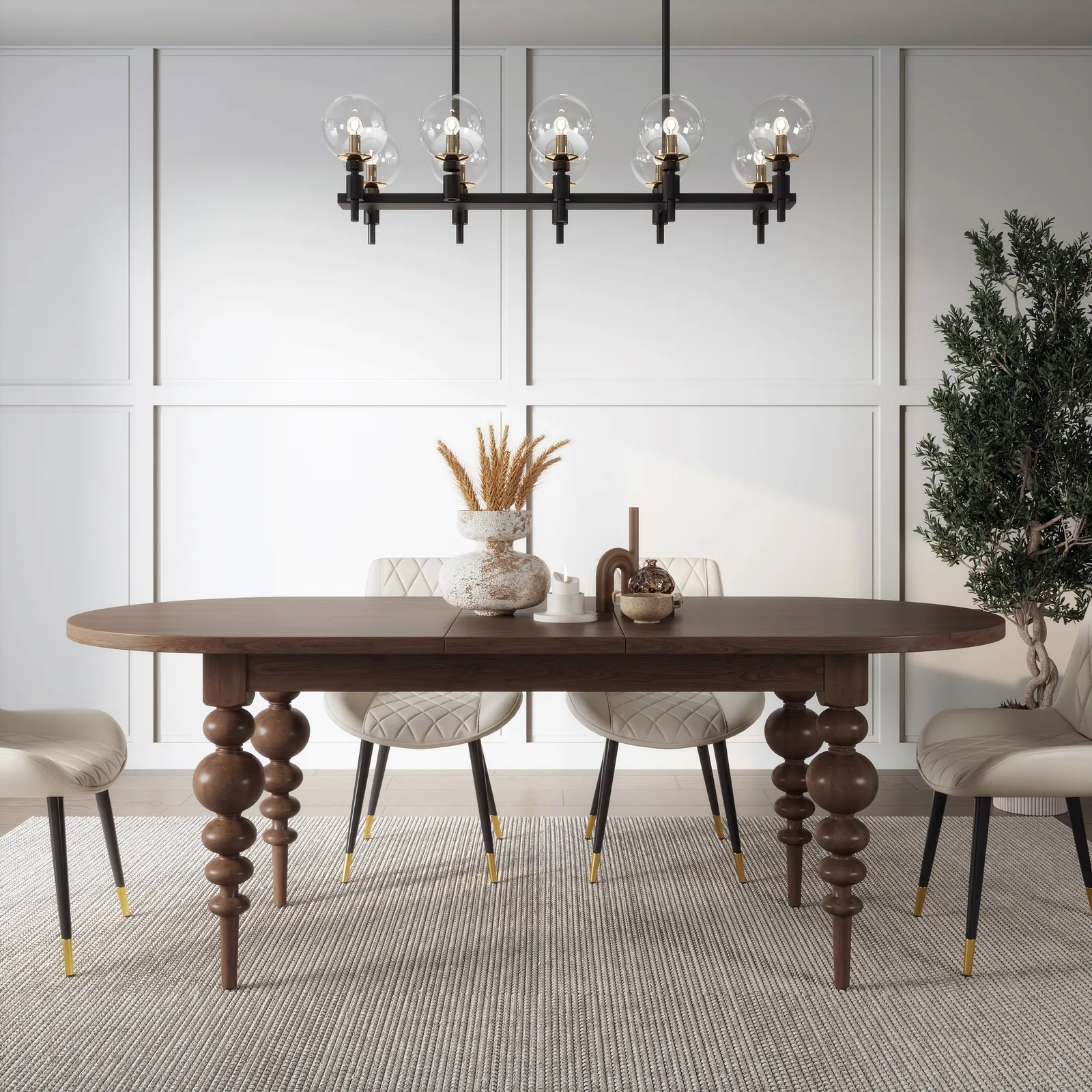 Oval Dining Table Extendable with Turned Legs for 4-8 Person Antique Walnut