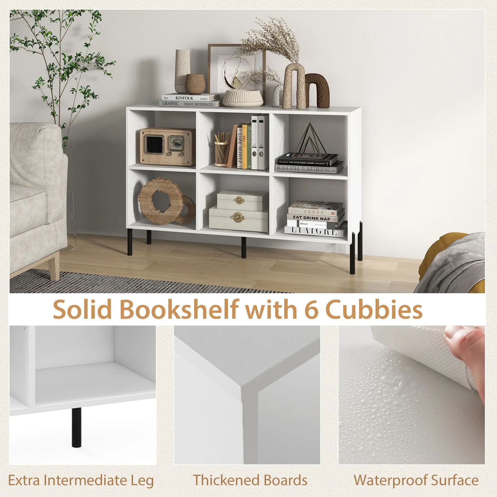 Costway 6-Cube Storage Bookcase Wooden Open Bookshelf in White 3