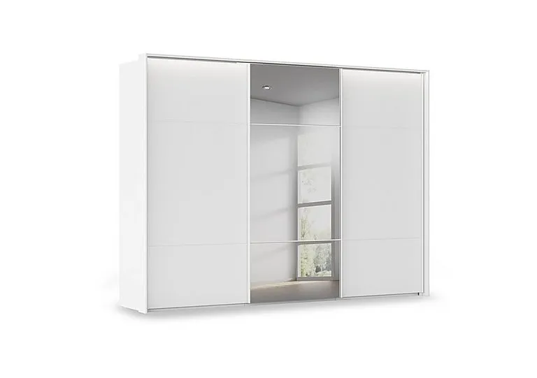 Haven 310cm 3 Door Slider Wardrobe with 2 Décor Doors, 1 Mirror Door and Lights - Alpine White