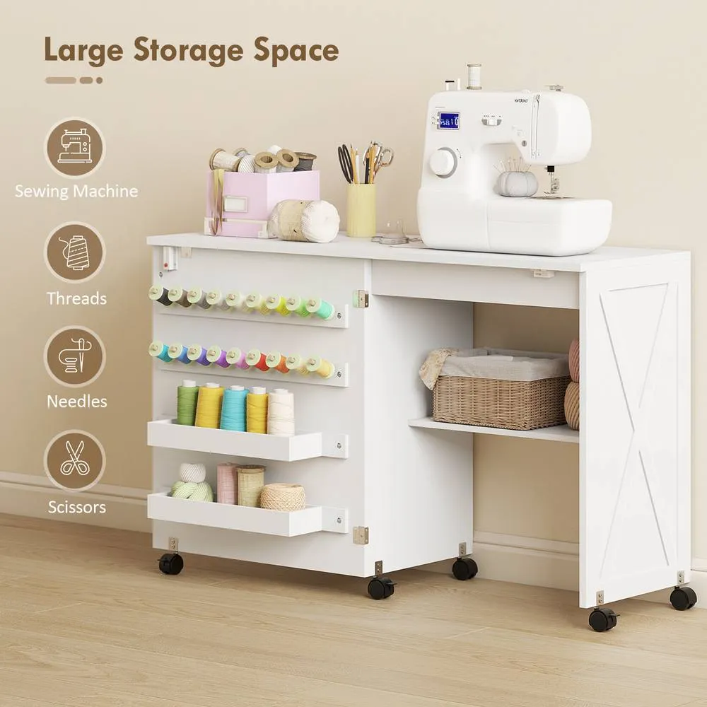 HOMCOM Folding Sewing Table, Craft Table with Storage compartments, White 4