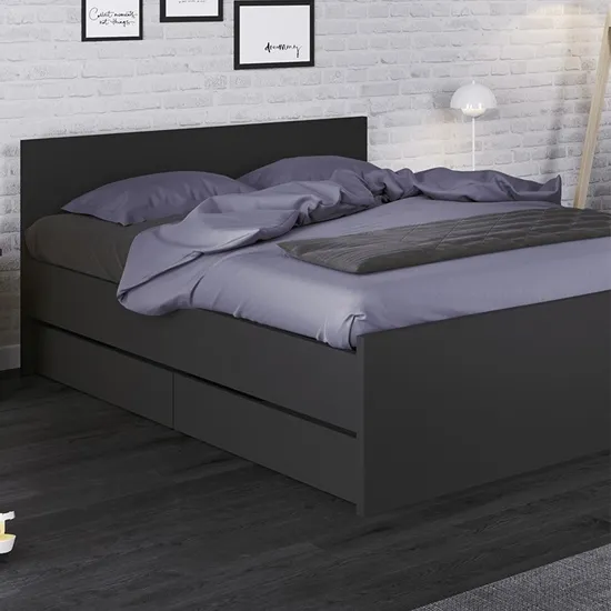 Nakou Wooden Double Bed With 2 Storage Drawers In Matt Black