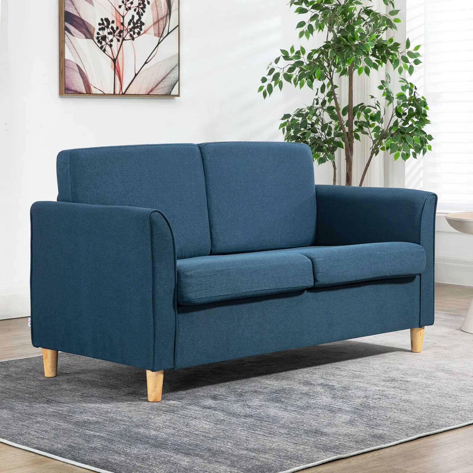 HOMCOM Double Seat Sofa Linen Upholstery Loveseat Couch w/ Armrests in Blue