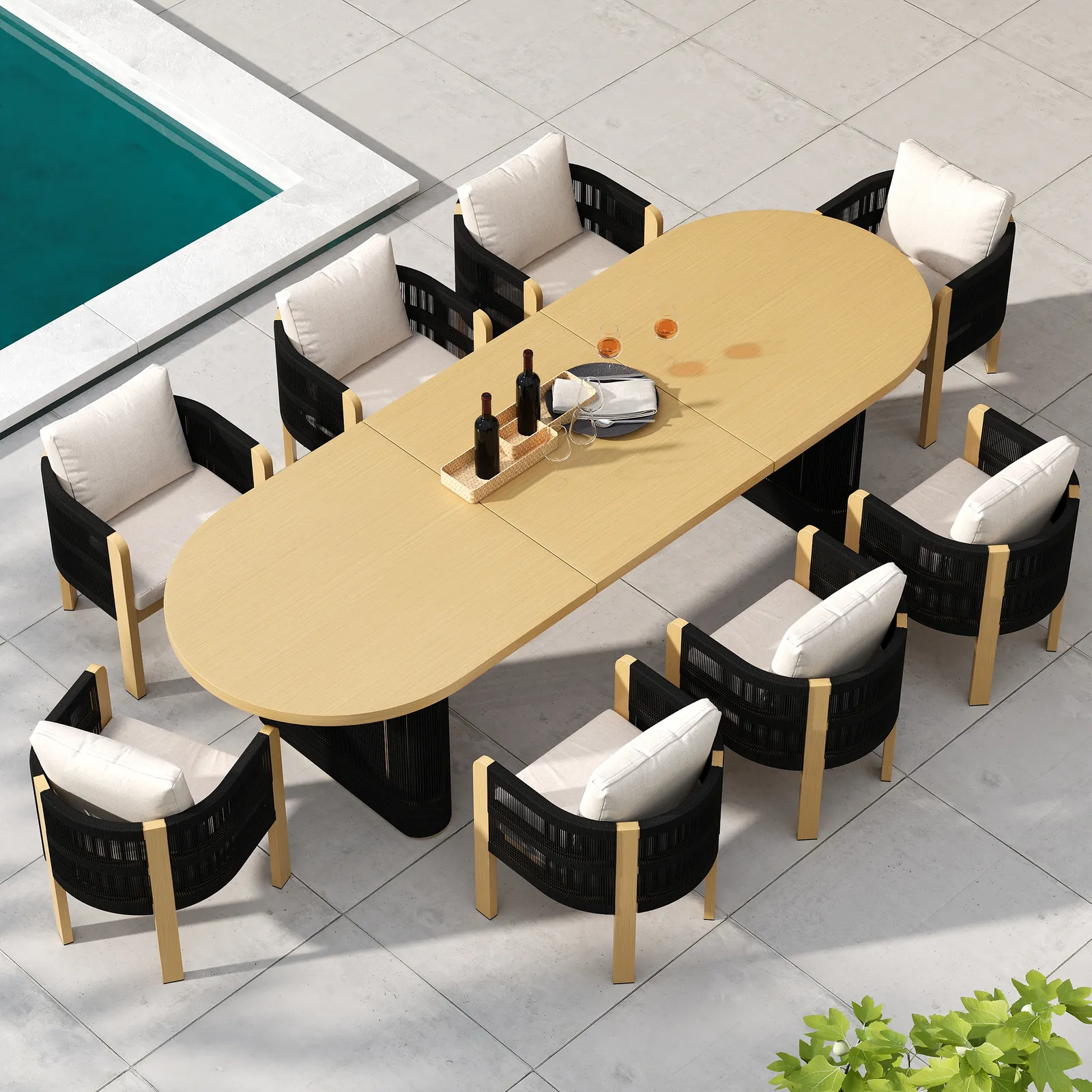 Costra 9-Piece Outdoor Rope & Aluminium Extendable Dining Set with 8 Chairs in Black