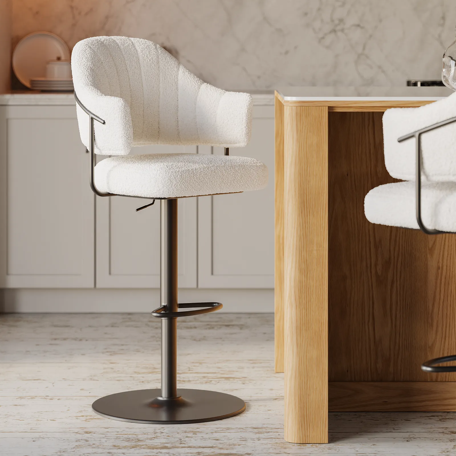 Set of 8 Modern Boucle Adjustable Counter Stool with Swivel Base