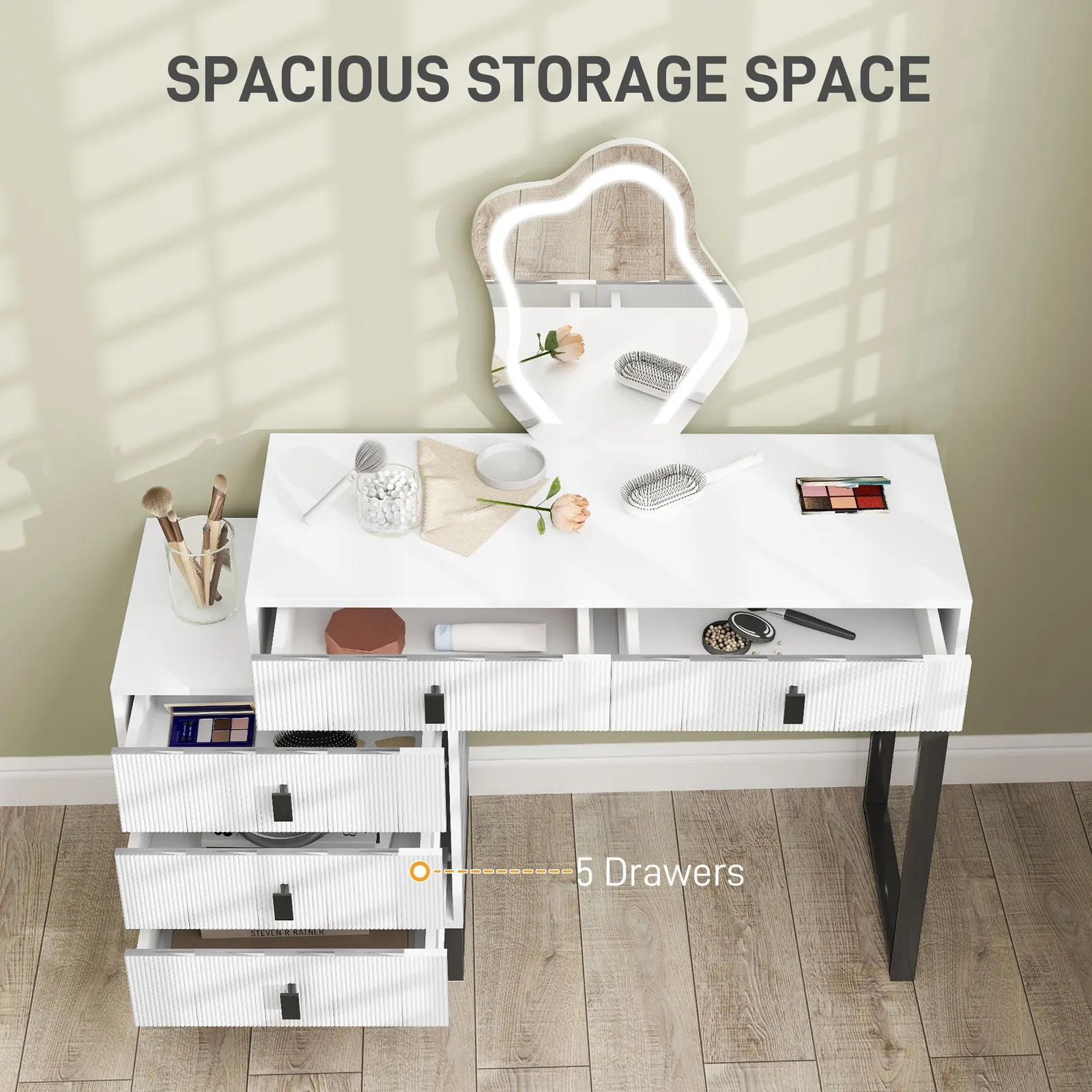 HOMCOM Dressing Table with LED Leaf Shape Mirror & 5 Drawers, White 5
