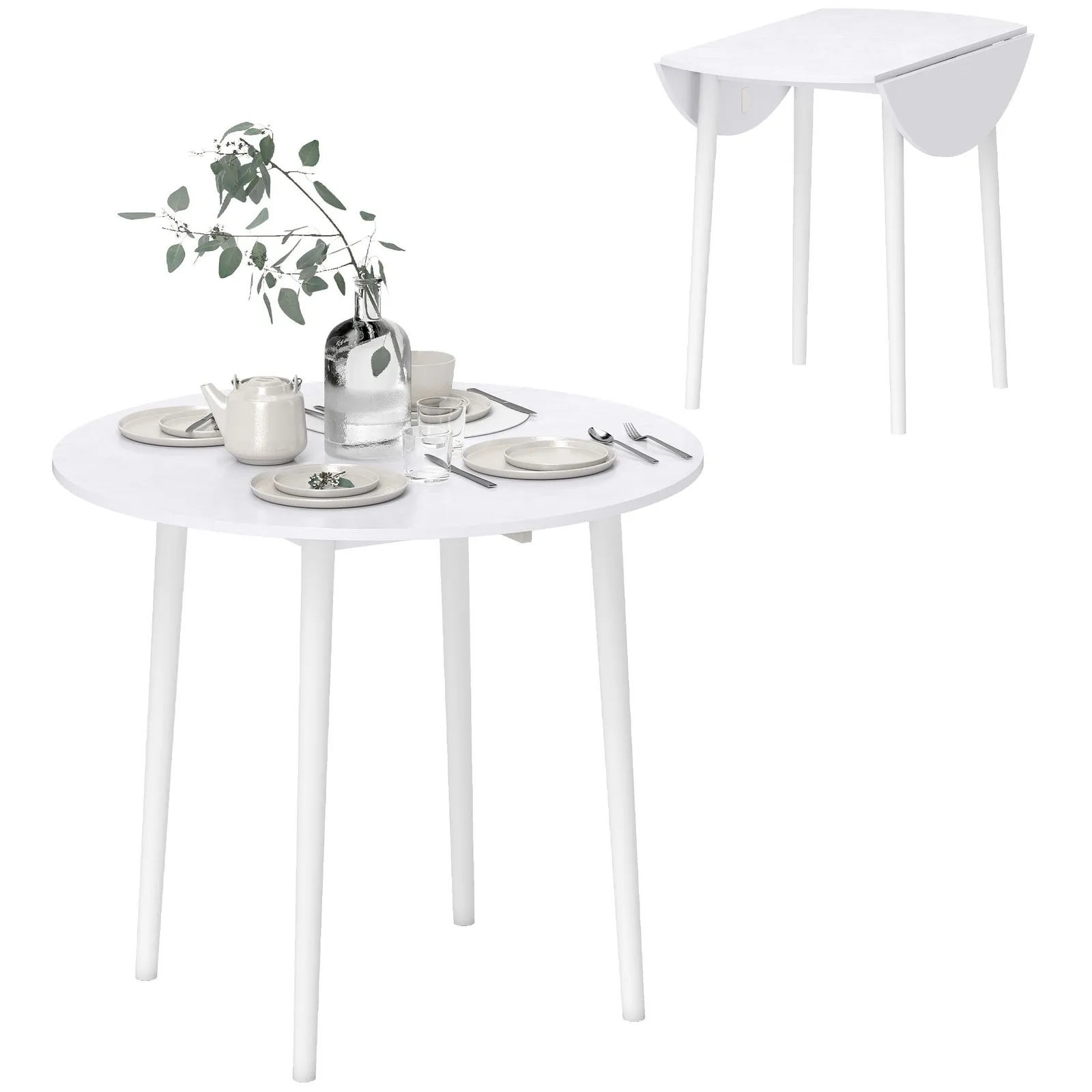 HOMCOM Folding Dining Table for 4, Round Drop Leaf Table, Modern Space Saving Small Kitchen Table with Wood Legs for Dining Room in White 2