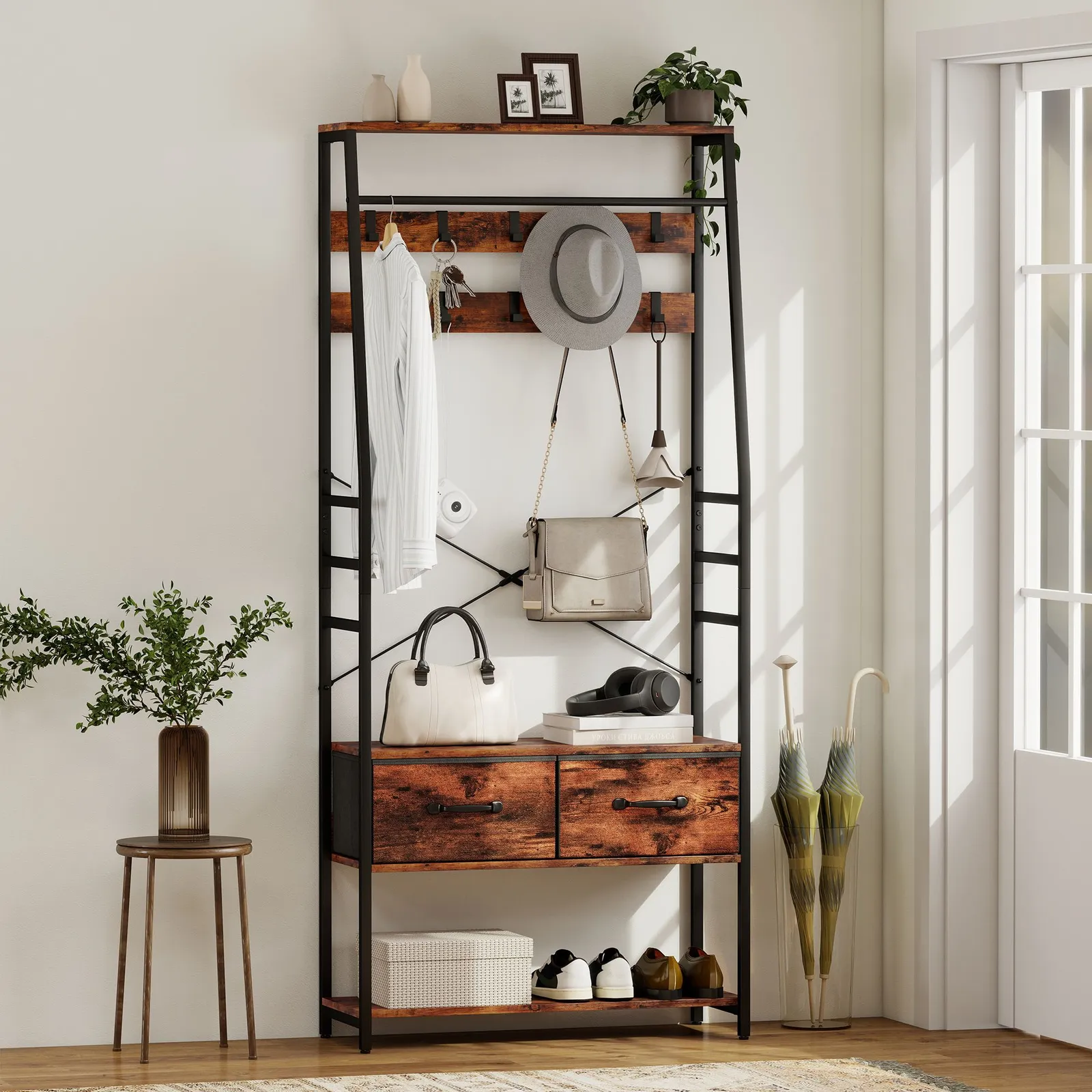 HOMCOM Coat Rack with Shoe Storage, Bench & 10 Hooks in Brown