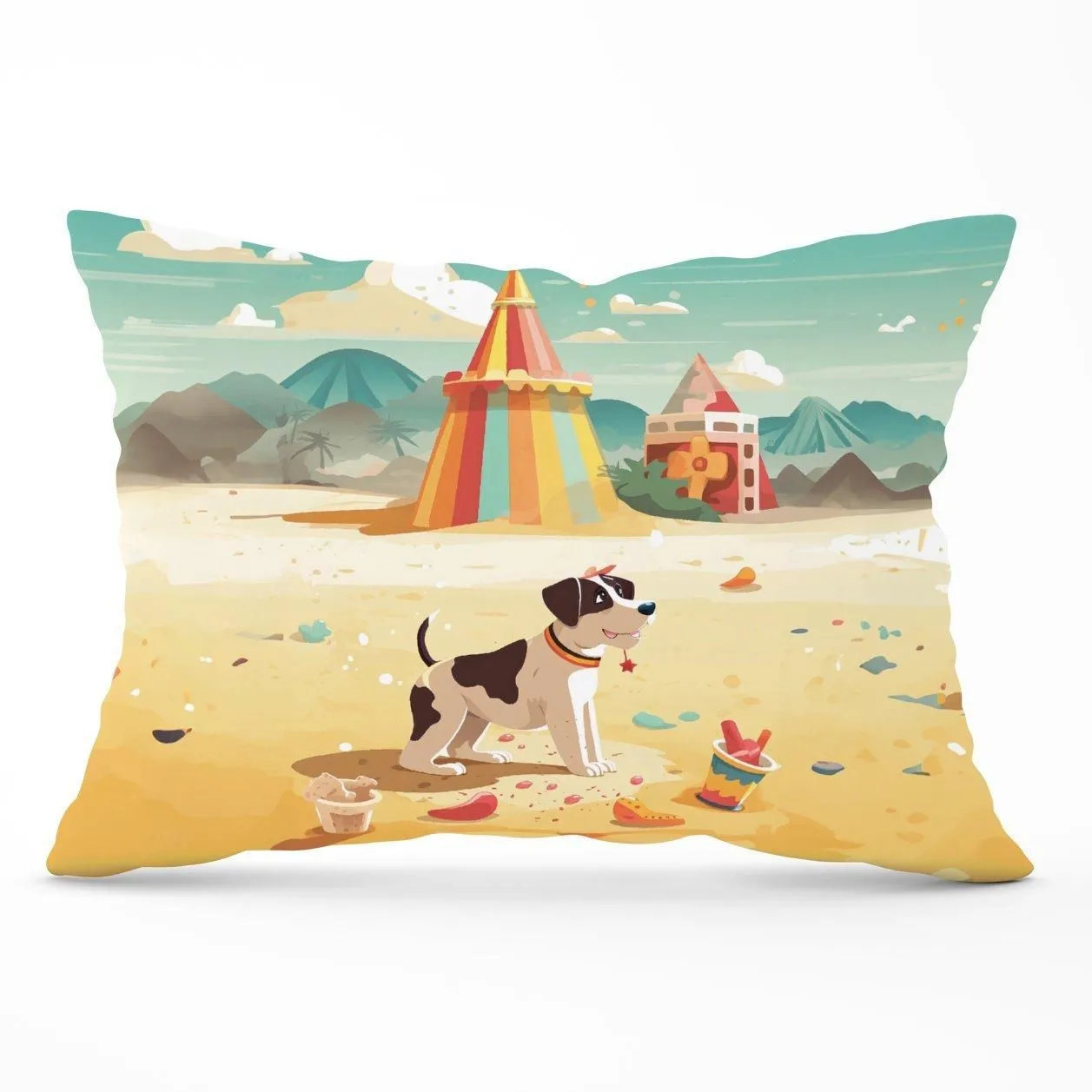Warren Reed - Designer Doggy On A Beach Holiday Cushions in Yellow