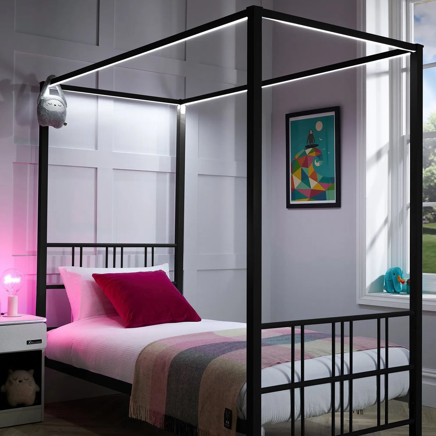 X Rocker Fern Four Poster Bed, Metal Bed Frame with LED Lighting in Black 5