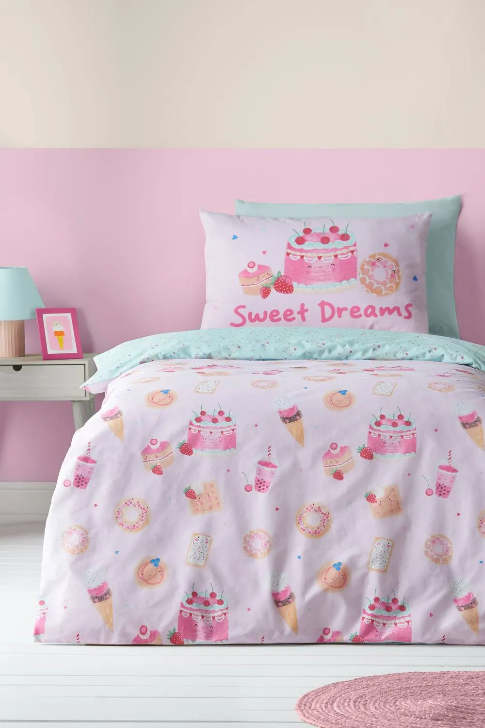Catherine Lansfield 'Sweet Treats' Reversible Duvet Cover Set in Pink