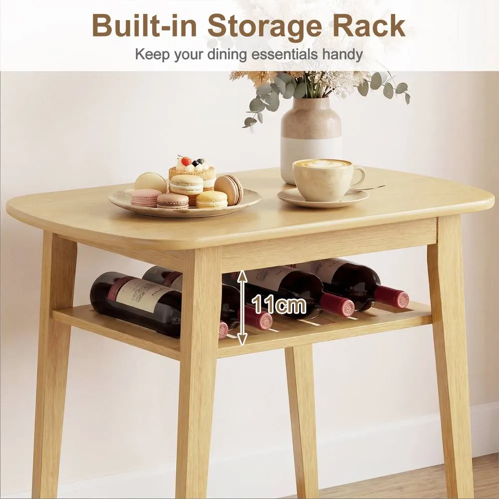 Costway 3-Piece Dining Table Set Solid Wood Kitchen Table with Storage Rack in Khaki 6