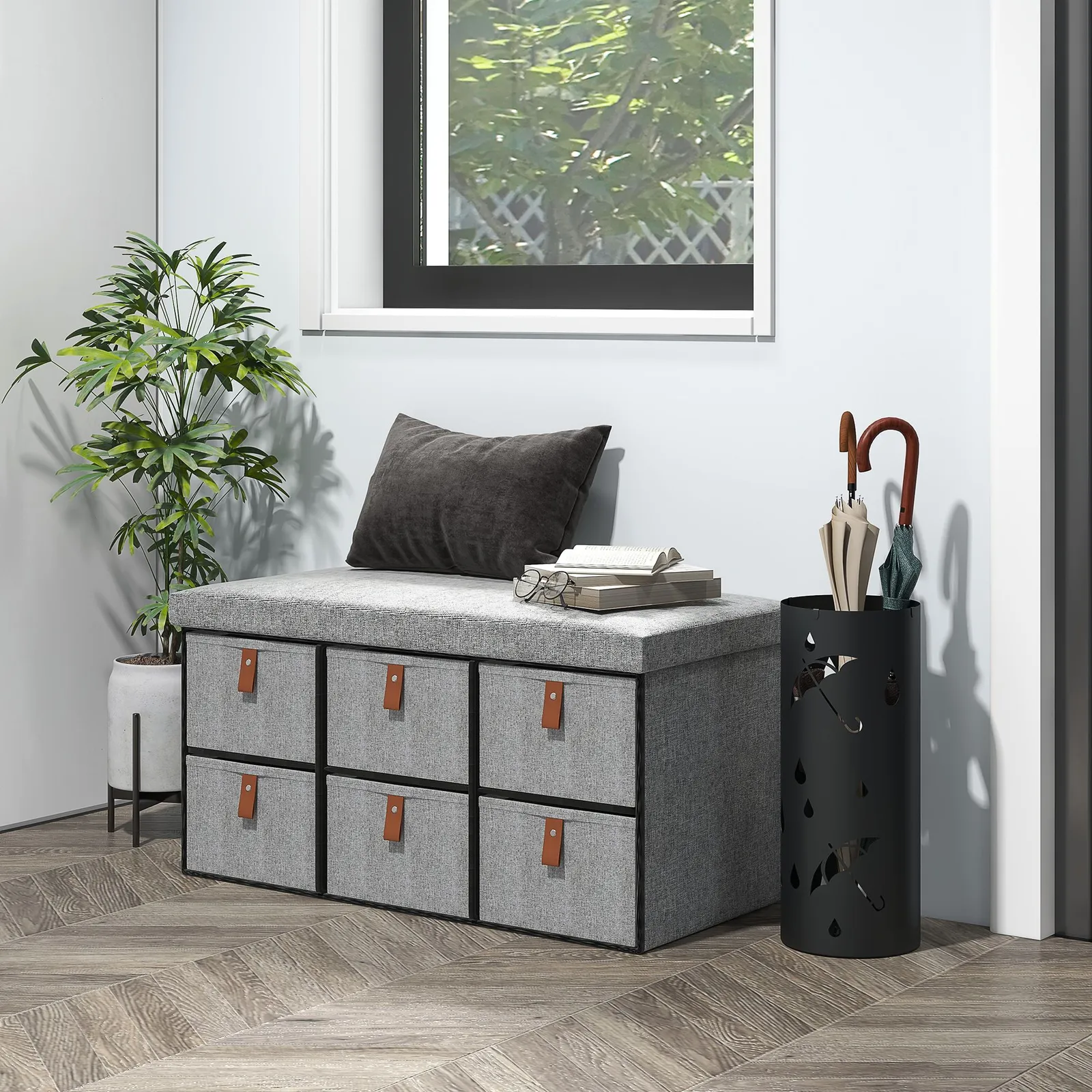 HOMCOM Shoe Bench with Cushioned Seat, 6 Fabric Drawers for Entryway Hallway in Light Grey