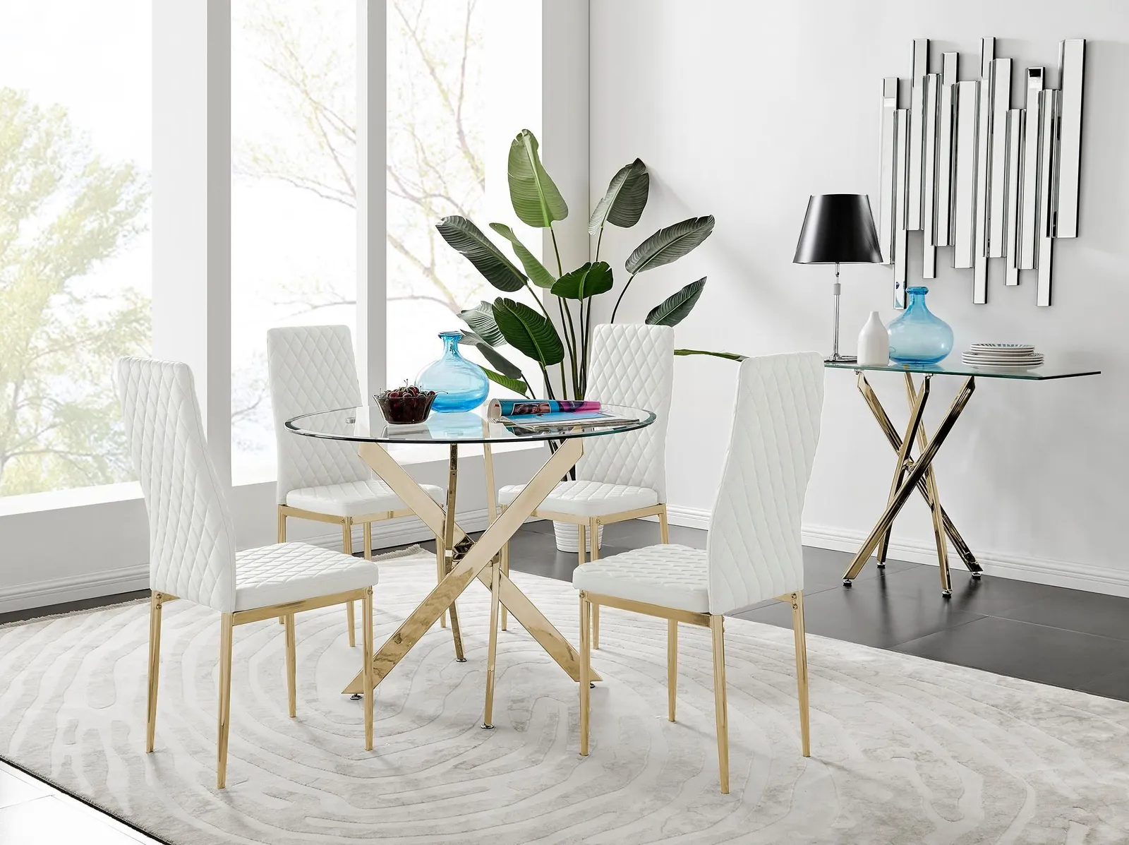 FurnitureboxUK Novara 100cm Round Tempered Glass Dining Table with Gold Legs & 4 Milan Faux Leather Chairs in White 1