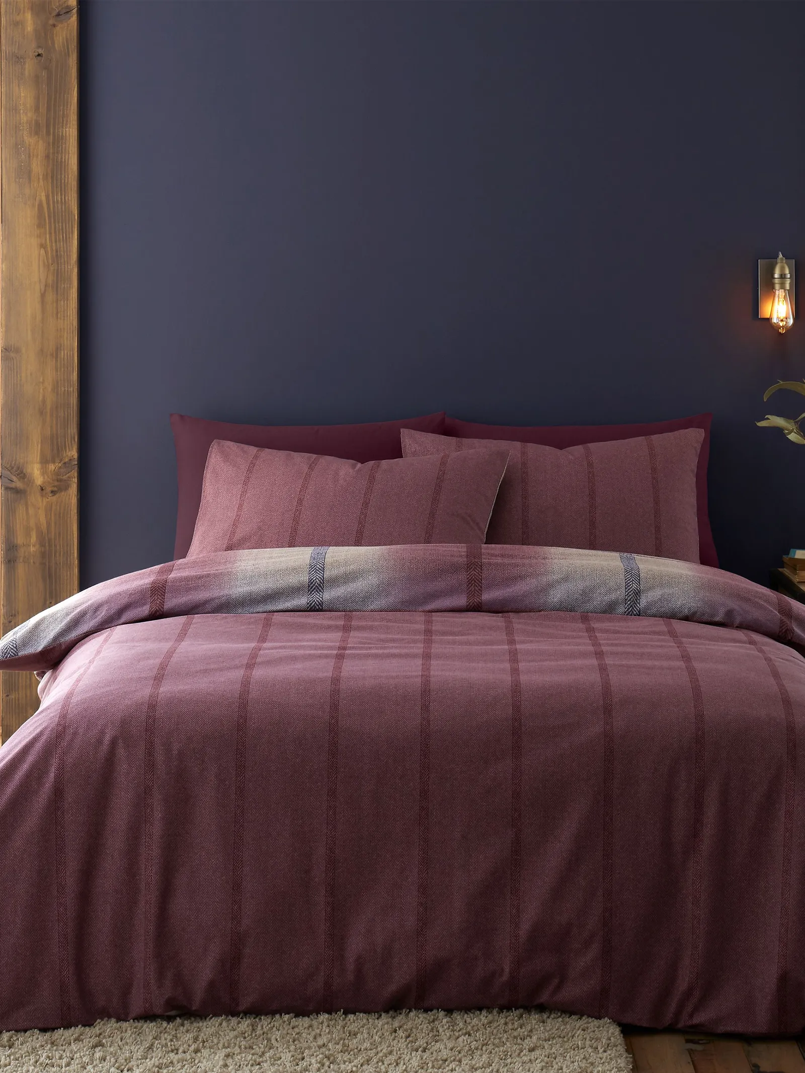 Catherine Lansfield Melrose Tweed 100% Brushed Cotton Duvet Cover & Pillowcase Set in Plum 2