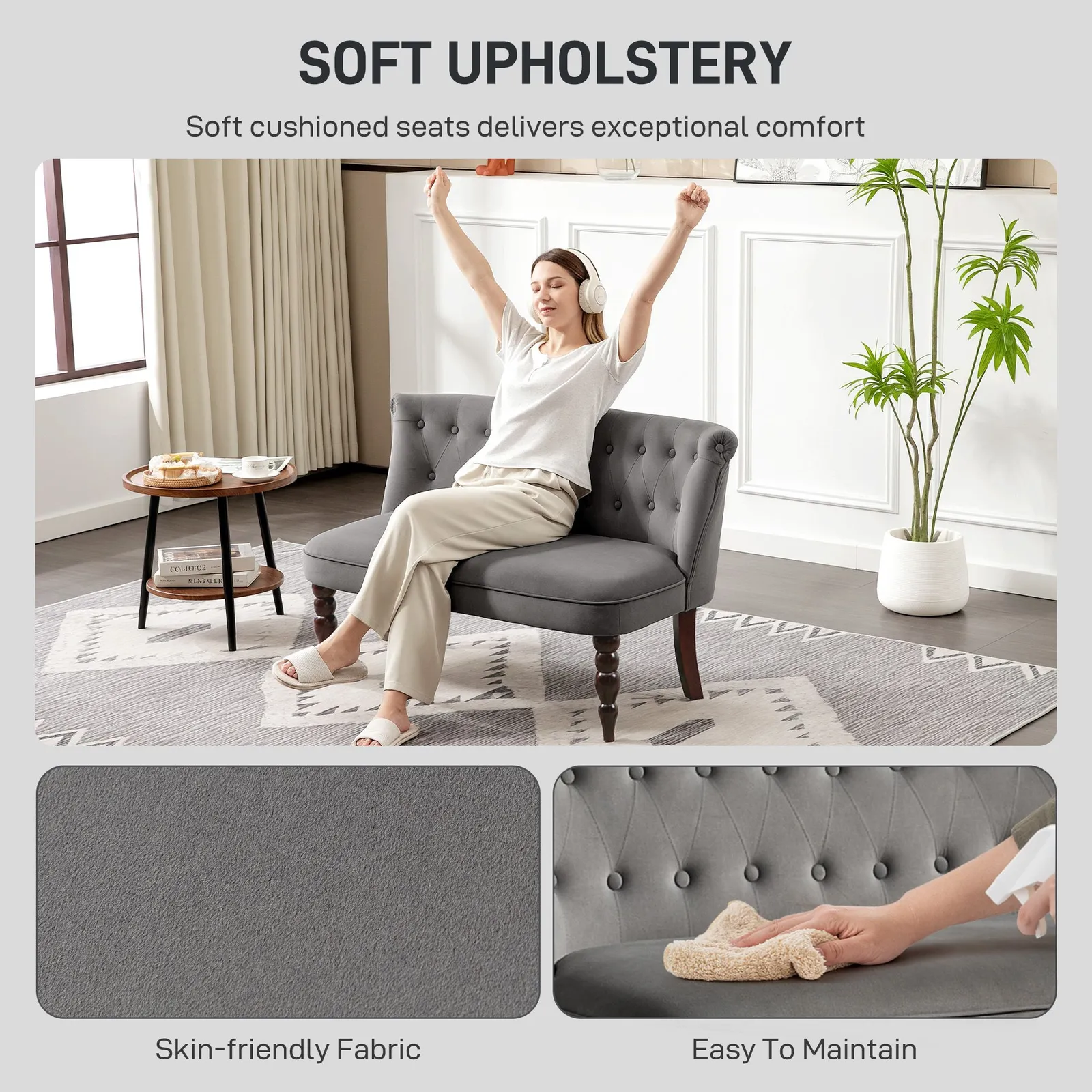 HOMCOM Velvet-Feel Two-Seat Lounger Sofa with Wood Frame, Charcoal Grey 5