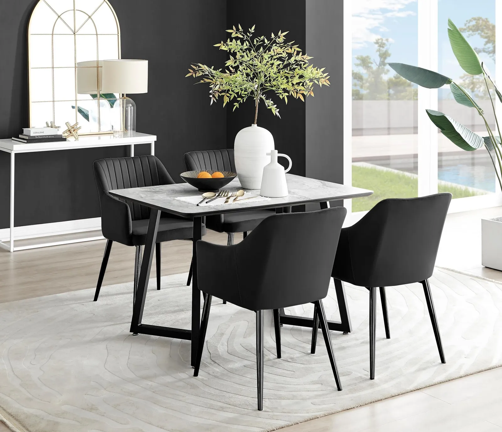 FurnitureboxUK Carson White Marble Effect Dining Table & 4 Calla Black Leg Chairs