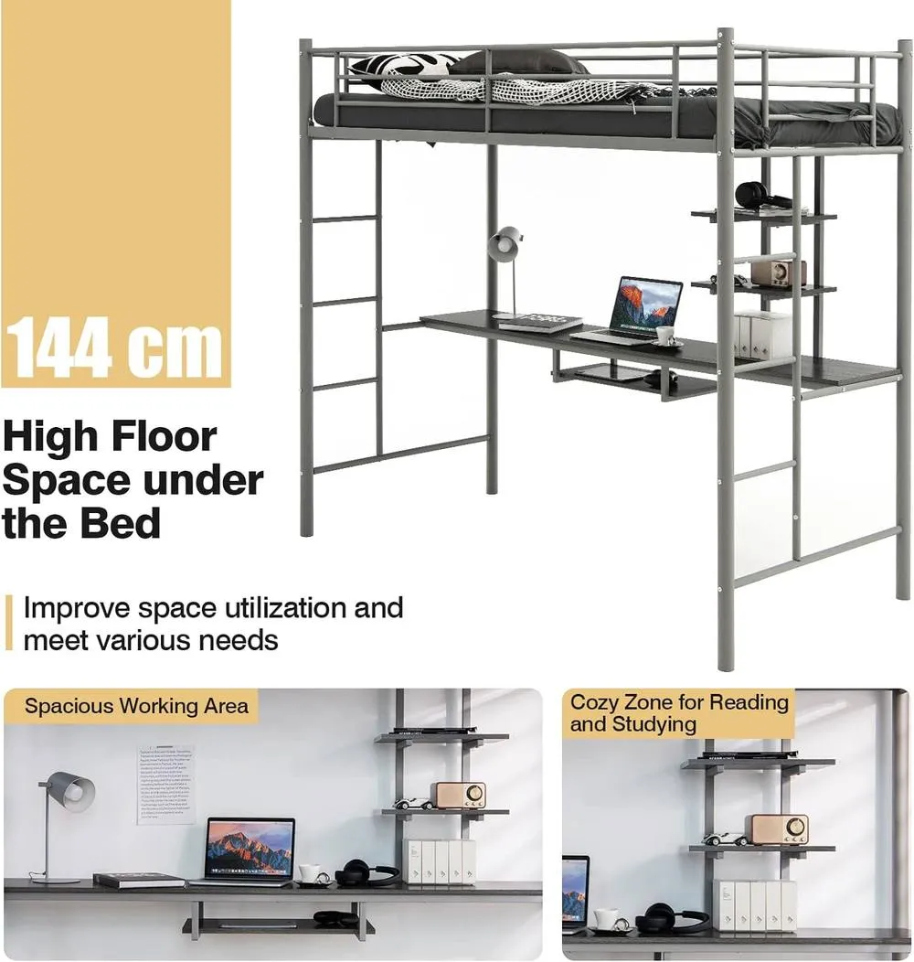 Costway 3.5FT Single Metal Loft Bed Frame High Sleeper Bunk Bed W/ Desk Storage Shelves in Silver 5