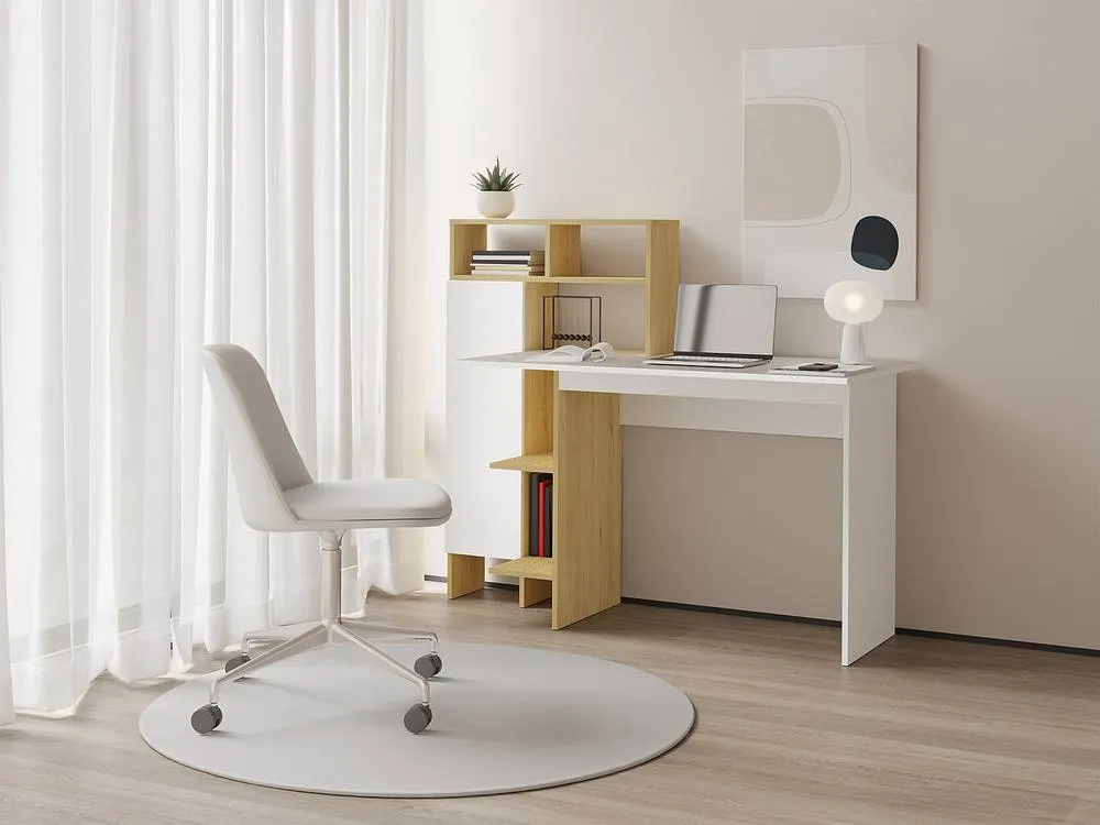 Vente-unique Desk With 1 Cupboard & 4 Shelves - White & Natural - MONTOLANIA in Light Oak