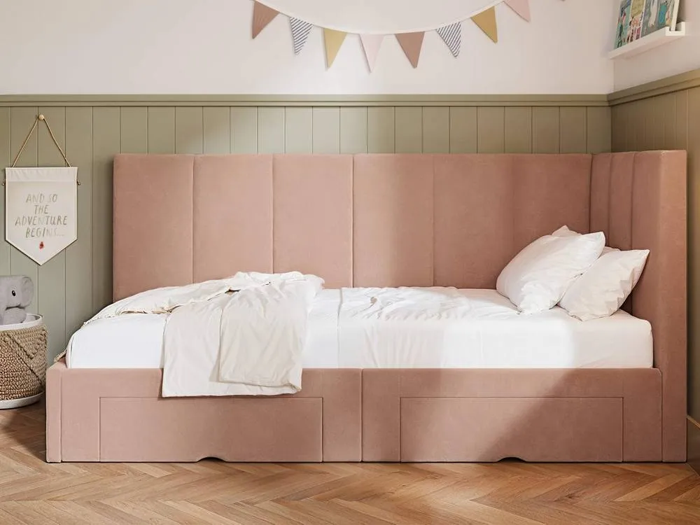 Flair Harley Corner Fabric Bed Frame with Storage Drawers in Pink 3