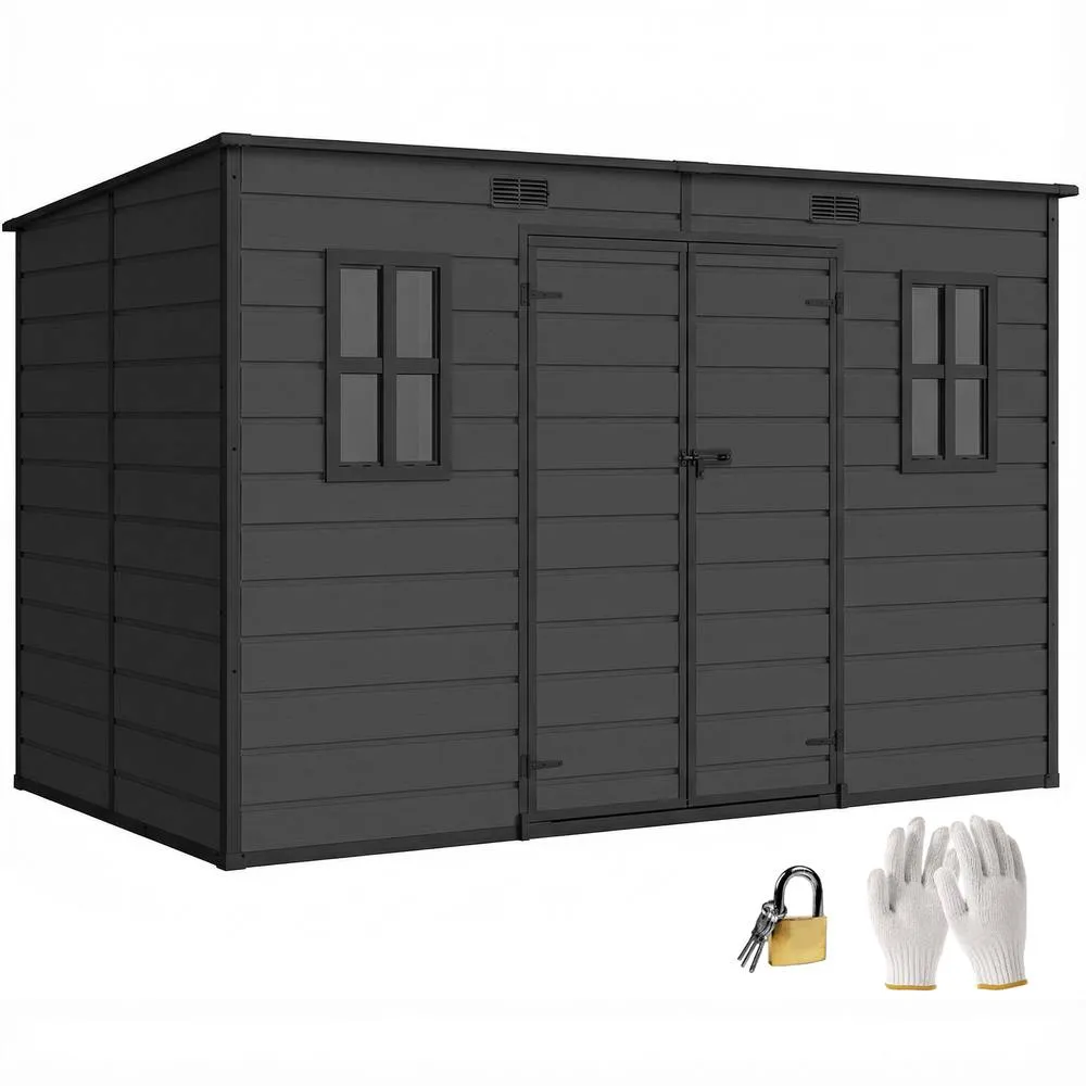 OUTSUNNY 10 x 6 ft Plastic Garden Shed with Floor, Lockable Doors, Dark Grey 2