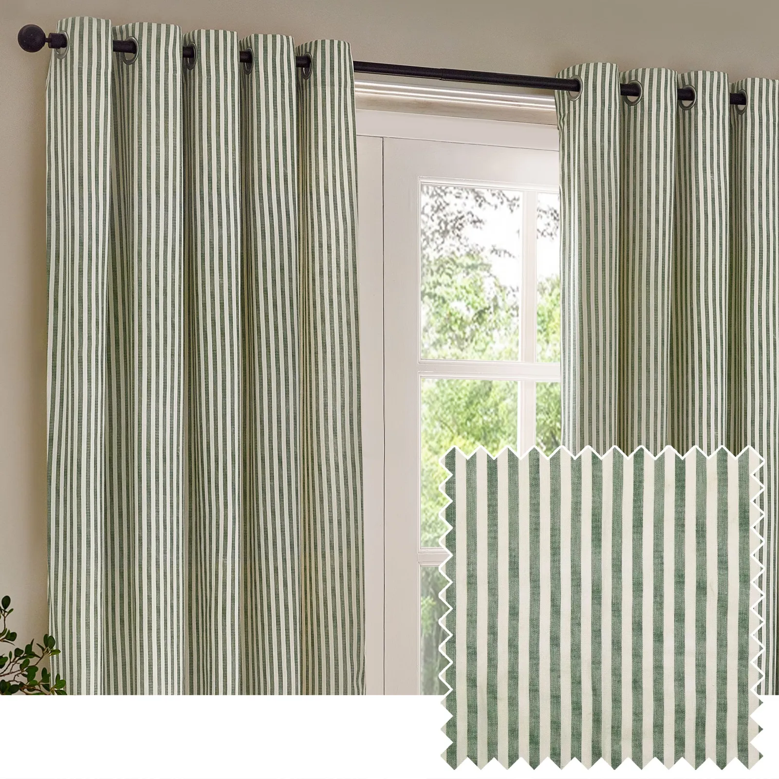 Yard Hebden Striped 100% Cotton Lined Eyelet Curtain Pair in Bottle Green 1