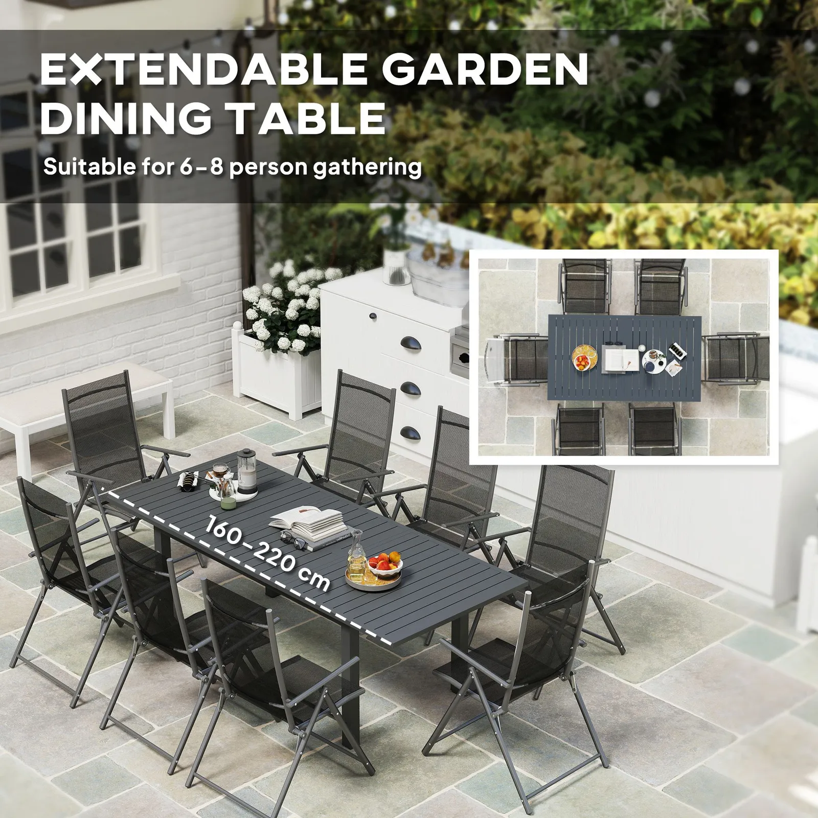 OUTSUNNY Extending Garden Table with Slatted Top, 160/220 x 90 x 73 cm, Grey 4