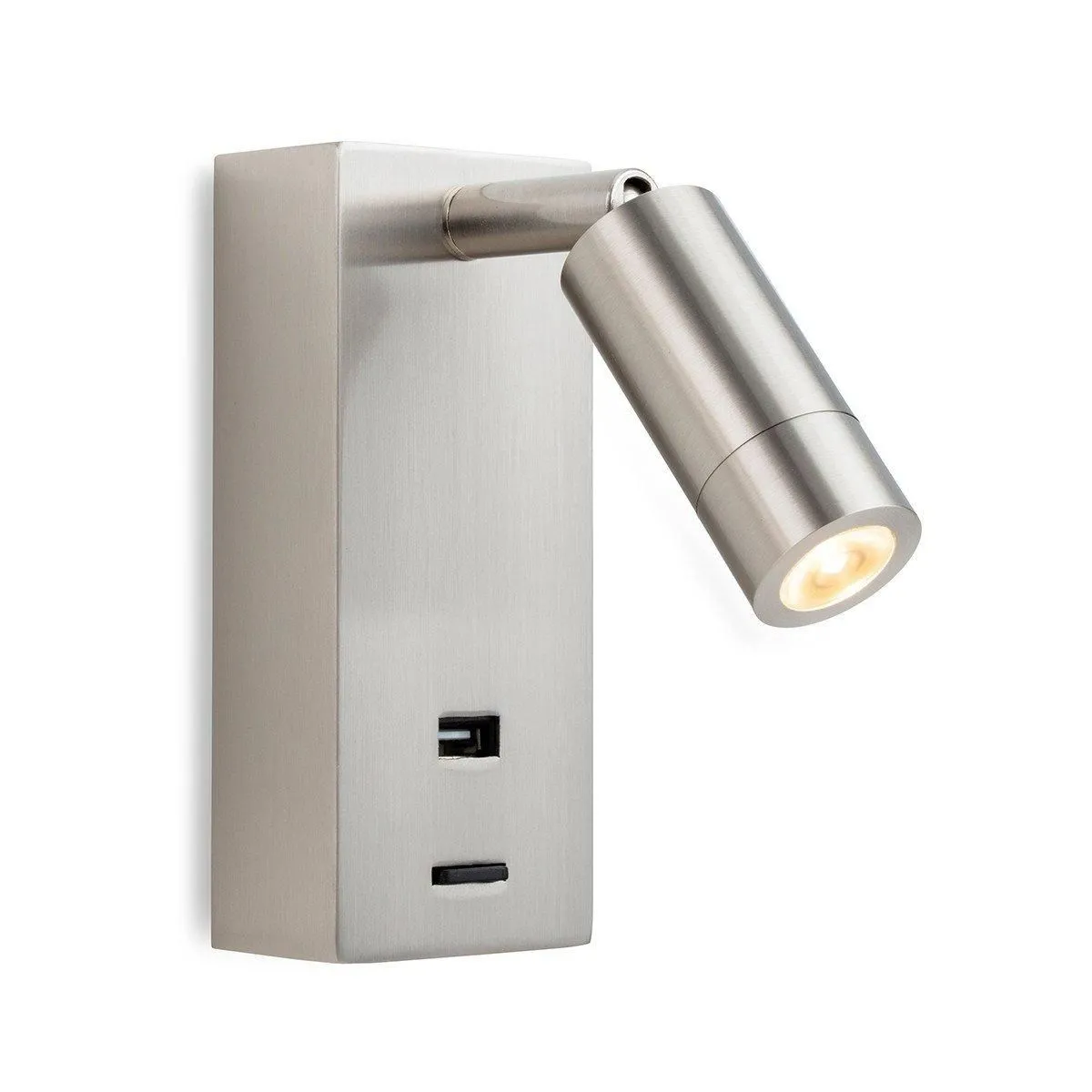 Netlighting Clifton LED Wall Reading Light & USB Port Brushed Steel in Grey