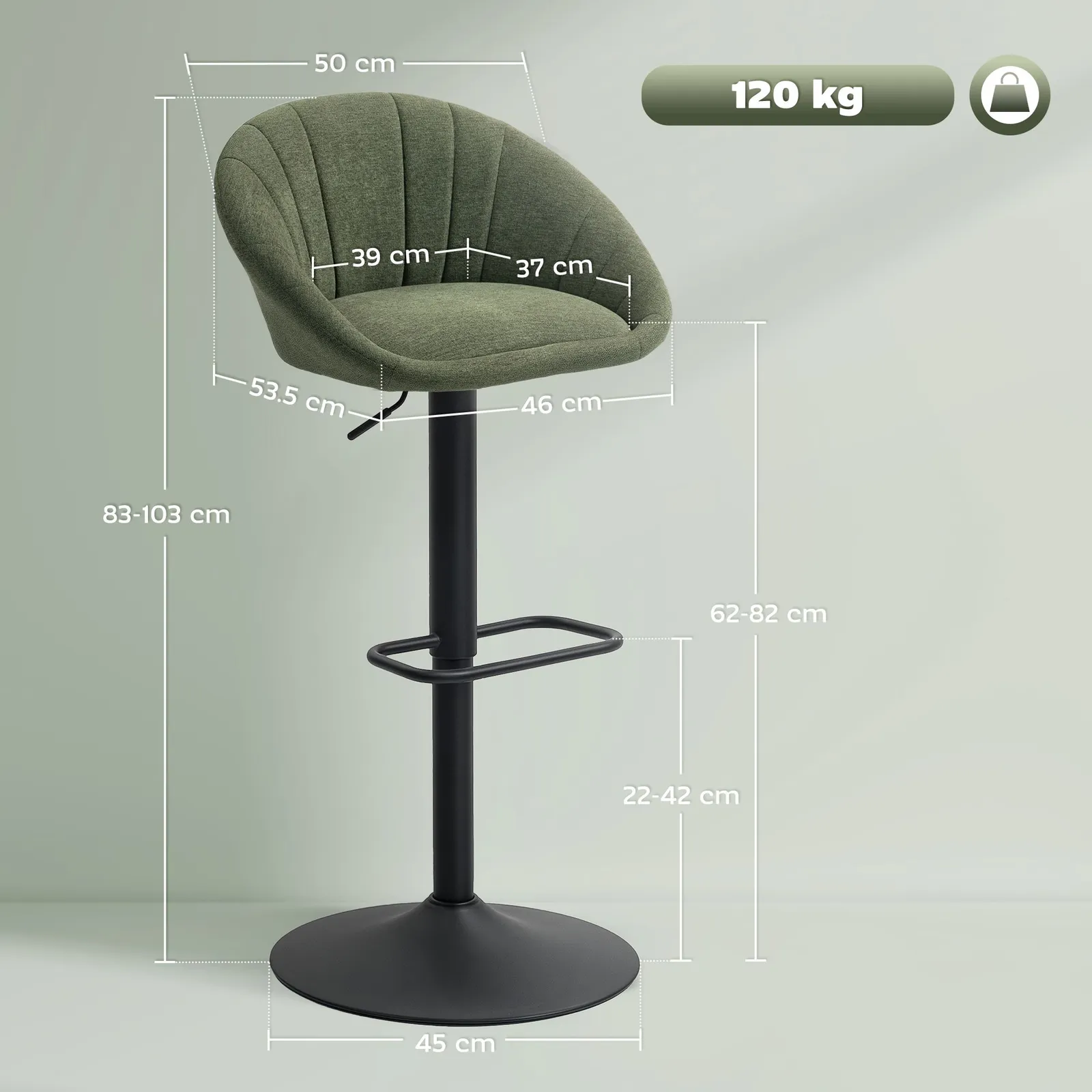 HOMCOM Swivel Bar Stools Set of 2 Height Adjustable Bar Chairs in Dark Green 3