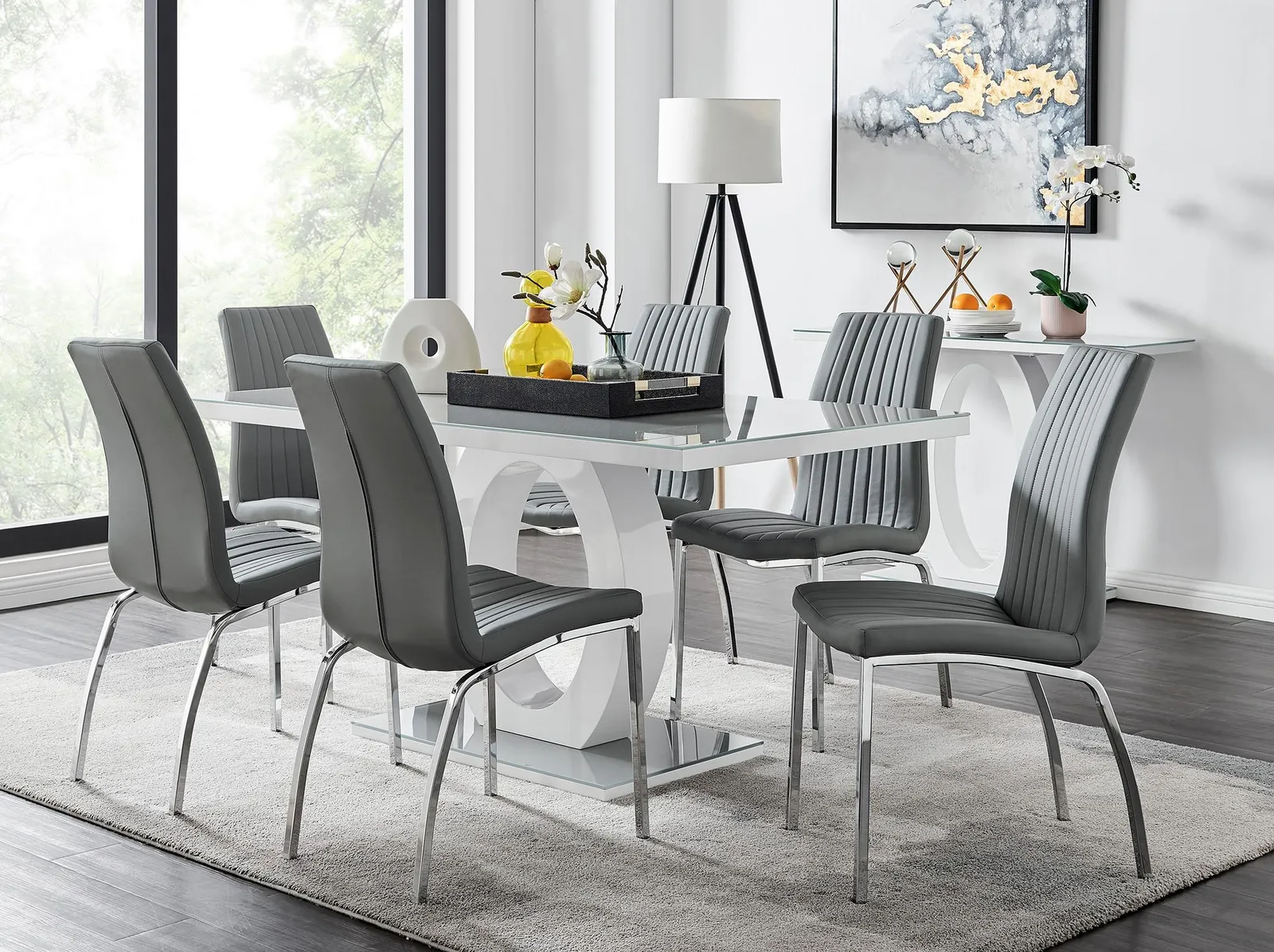 FurnitureboxUK Giovani 6-Seater Grey Glass Dining Table & 6 Isco Faux Leather Dining Chairs 1