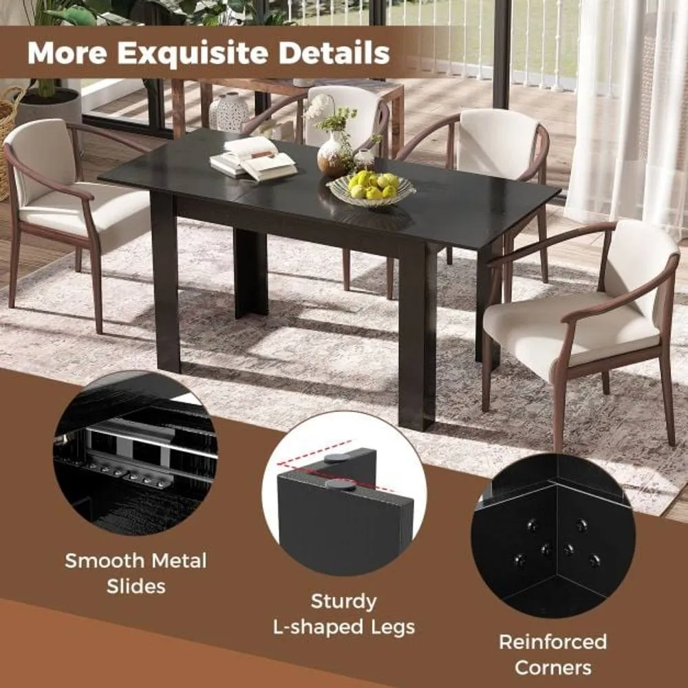 Costway Extendable Dining Table Modern Kitchen Table w/ L-shaped Legs Black 4