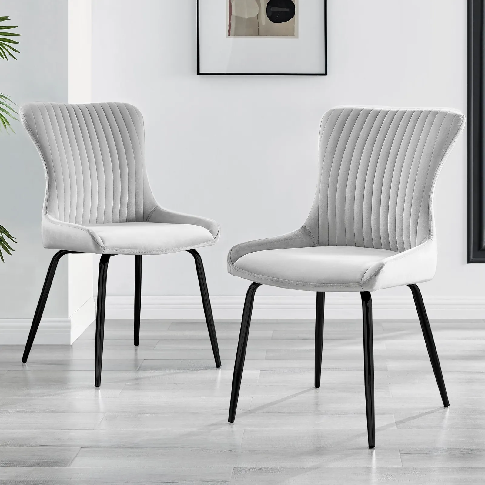 FurnitureboxUK Set of 2 Nora Deep Padded Luxurious Dining Chairs Upholstered In Soft Velvet With Black Legs in Light Grey