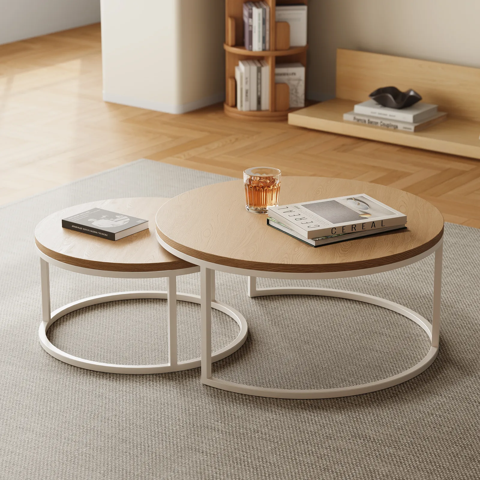 Fero Round Nesting Coffee Table Set of 2, Light Oak Top & White Metal Frame, Modern Scandinavian Style, for Living Spaces