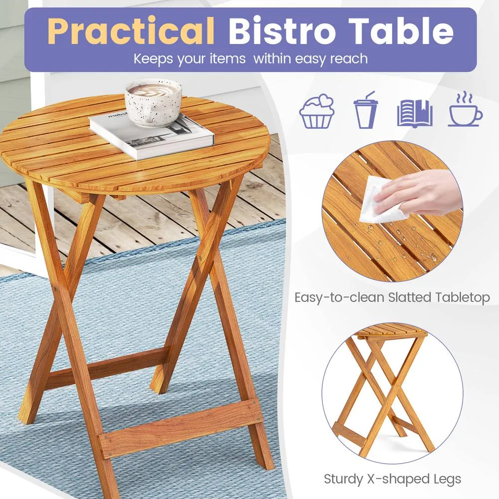 Costway 3 PCS Acacia Wood Folding Bistro Set Outdoor Table & Chairs Set with Cushions in Grey 6