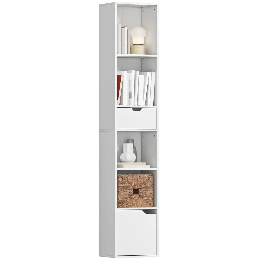 HOMCOM Narrow Bookshelf with Drawer, Tall Bookcase for Living Room in White 2