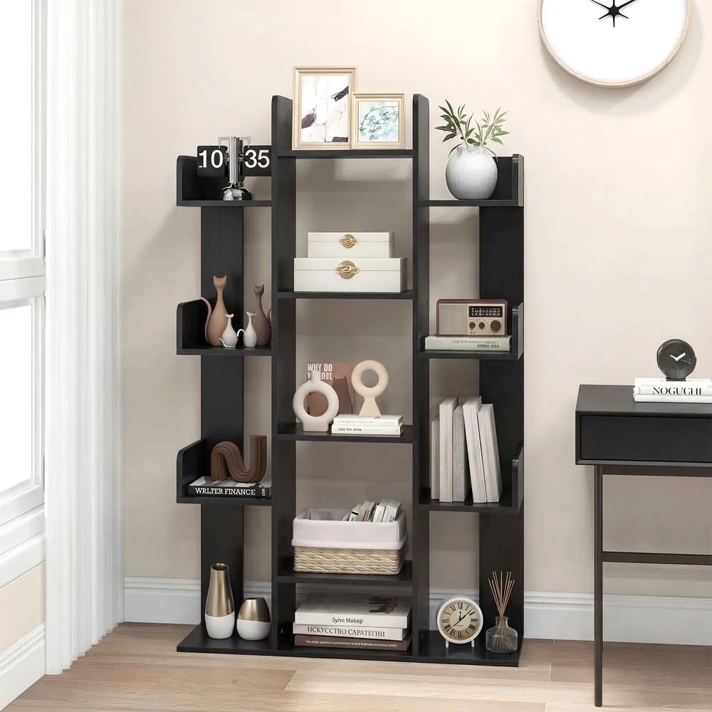 Costway Wooden Bookshelf Tall Bookcase Corner Storage Organizer Display Shelf in Black 4