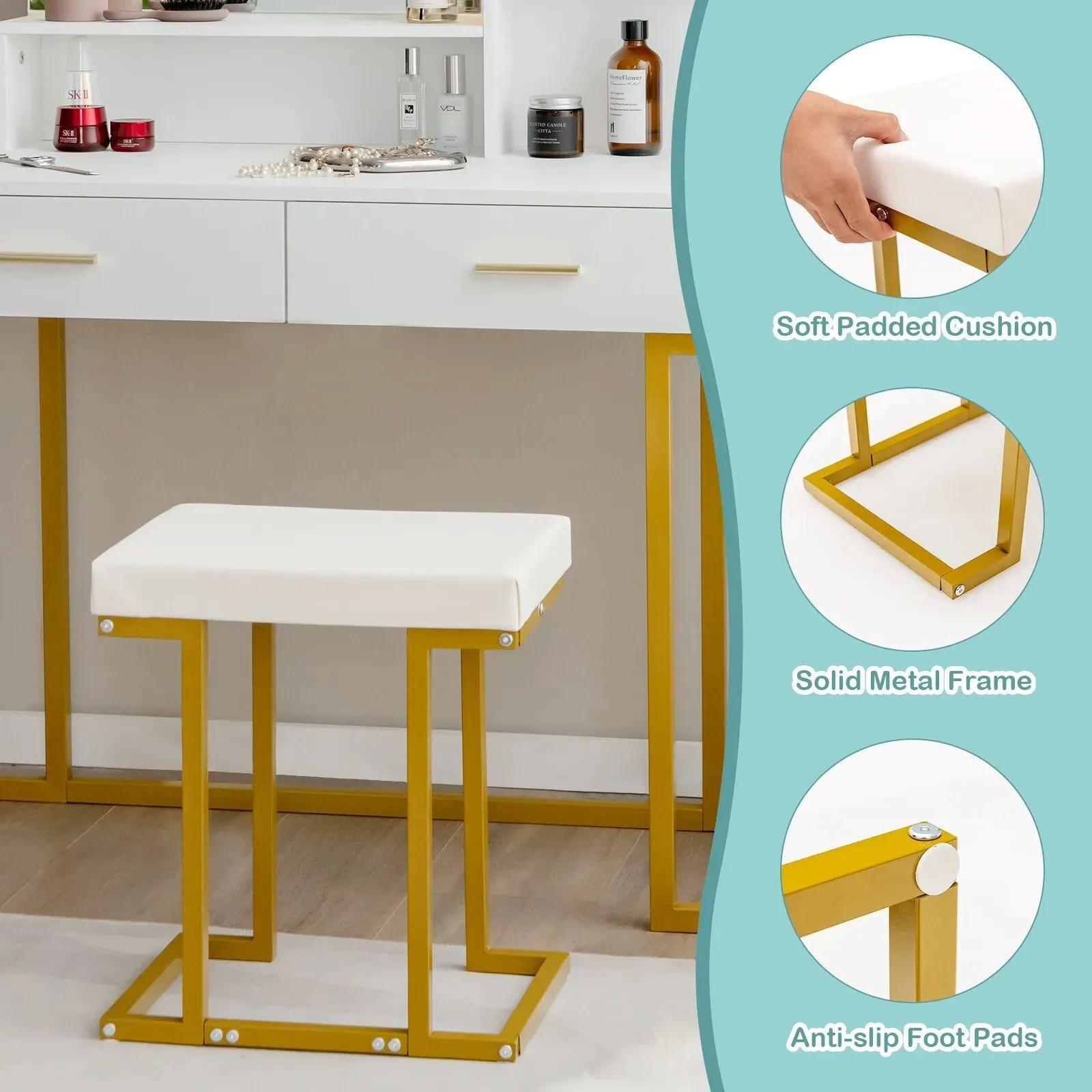 Costway Vanity Table Set Makeup Dressing Table with Cushioned Stool W/ Large LED Mirror in White 4