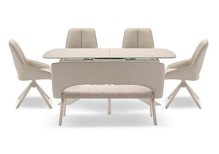 Tino Large Pop-up Extending Dining Table with 4 Swivel Chairs and a High Back Bench in Faux Leather