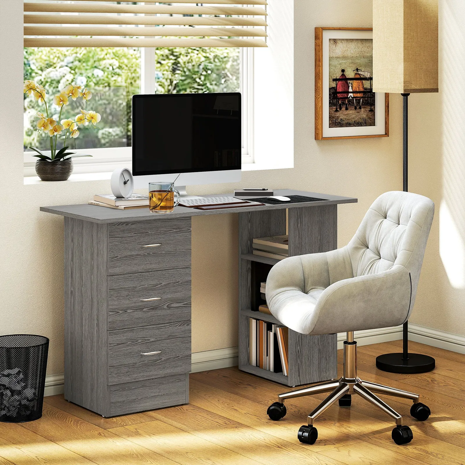 HOMCOM 120cm Computer Desk, Study Table with 3 Shelf & Drawers in Grey