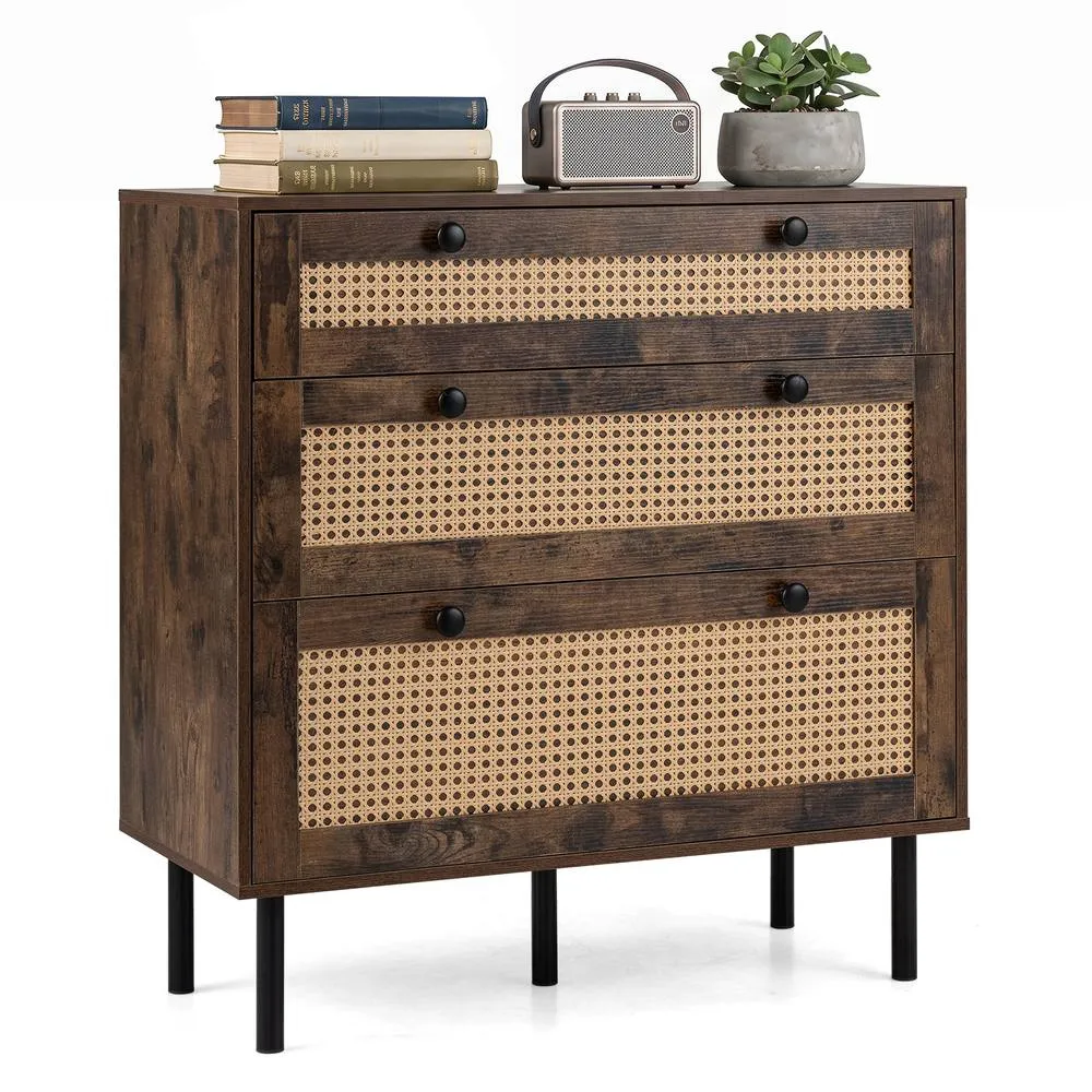Costway Dresser with 3 Drawers & Rattan Design & 5 Metal Legs in Brown 5