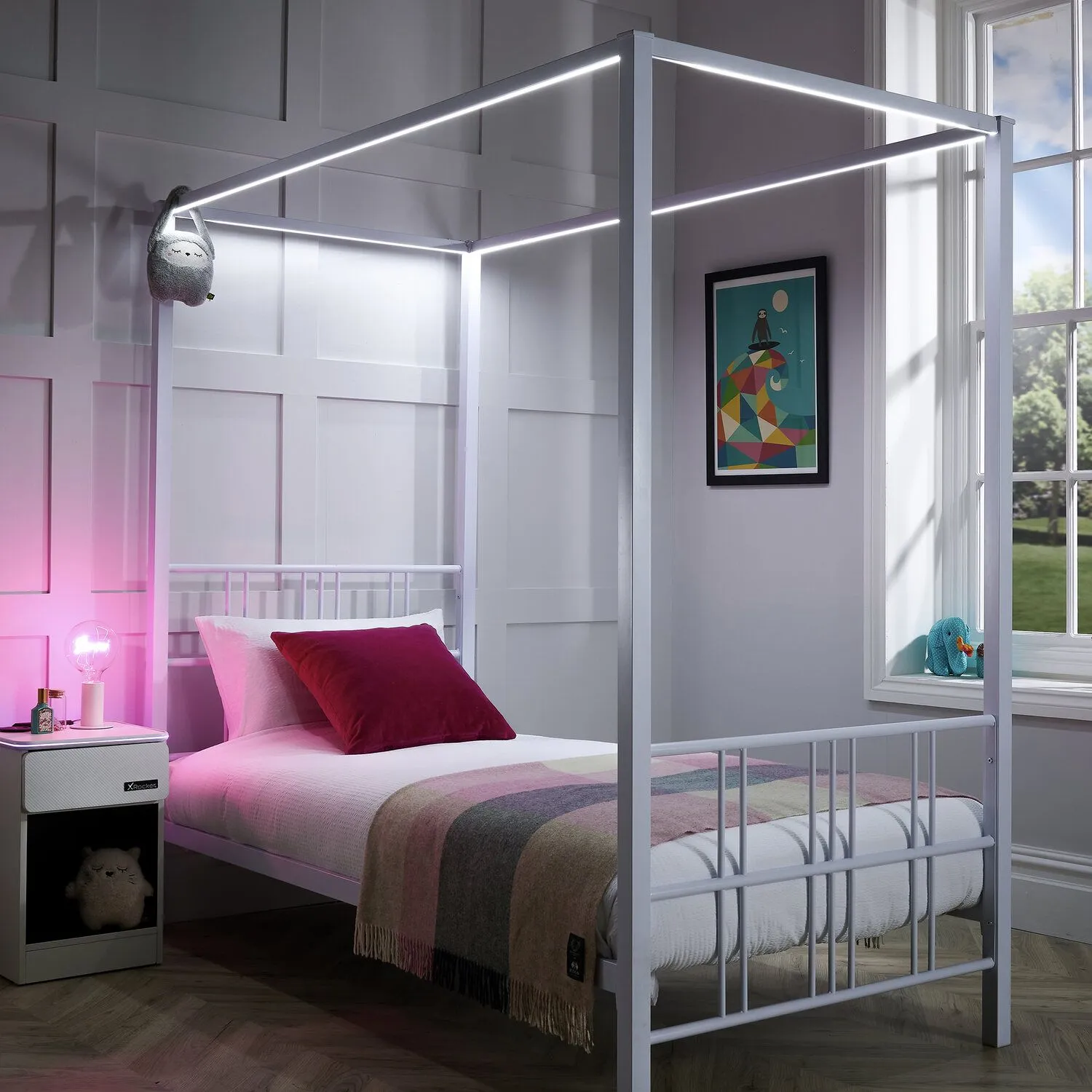 X Rocker Fern Four Poster Bed, Metal Bed Frame with LED Lighting in White 4