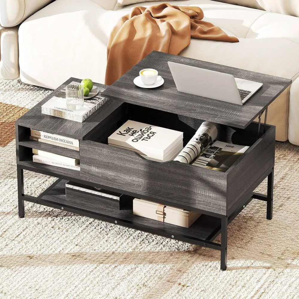 Costway Lift Top Coffee Table Living Room Table w/ Storage Shelf in Grey 6