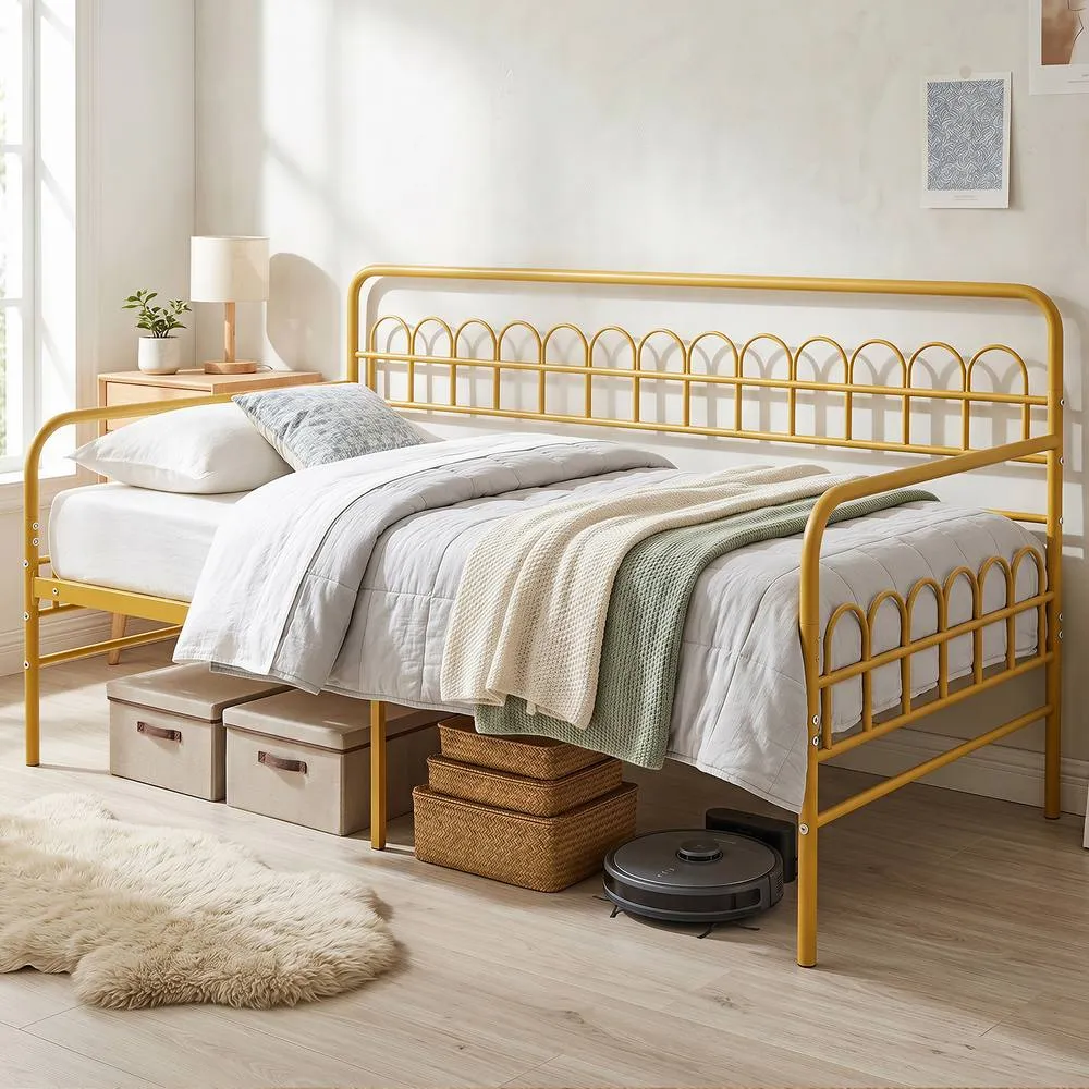 Costway Single Daybed with Trundle Metal Sofa Bed w/Curved Backrest in Gold 3