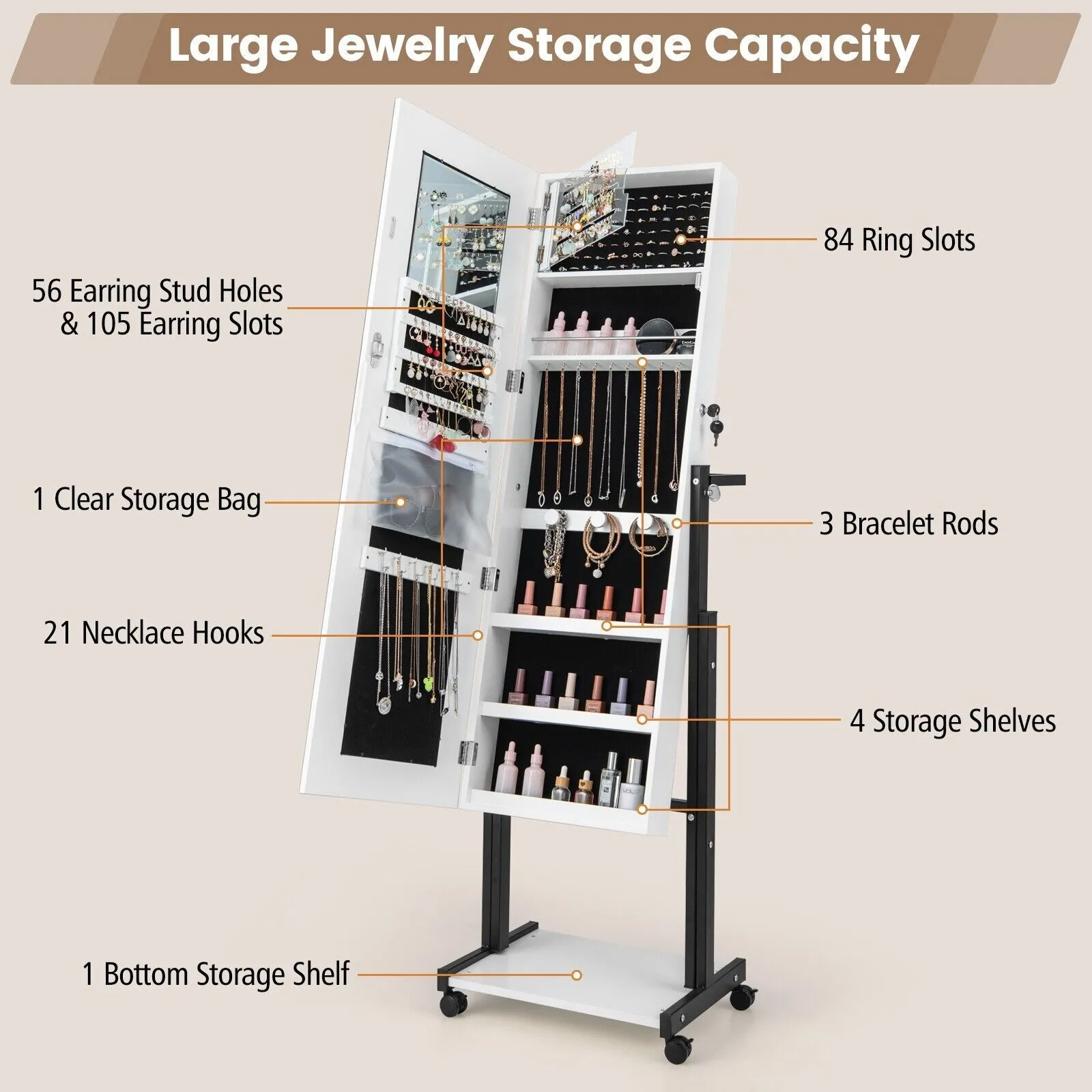 Costway Height Adjustable Jewelry Cabinet Standing Jewelry Armoire w/ 3-Color LED Mirror & Wheels in White 5