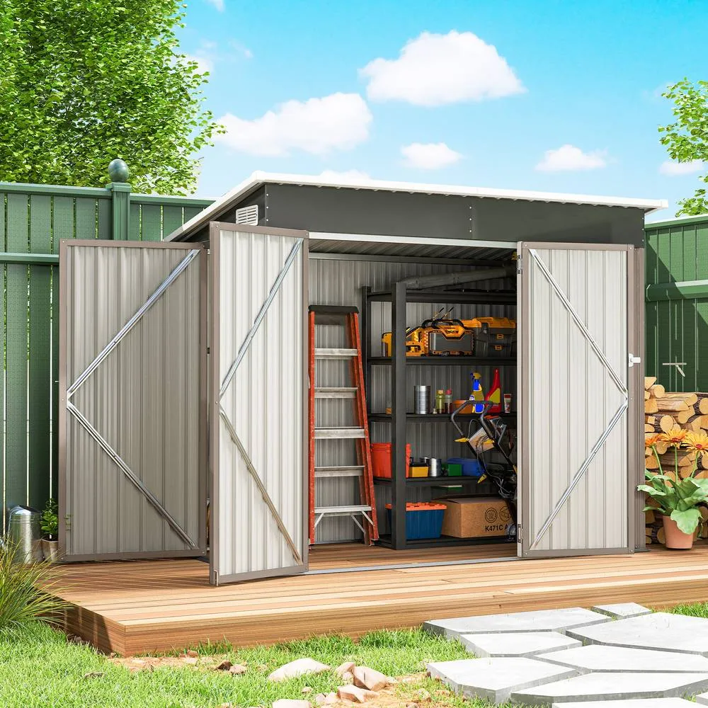 OUTSUNNY Outdoor Storage Shed, 7.5 x 4.3ft Metal Garden Shed in Light Grey 1