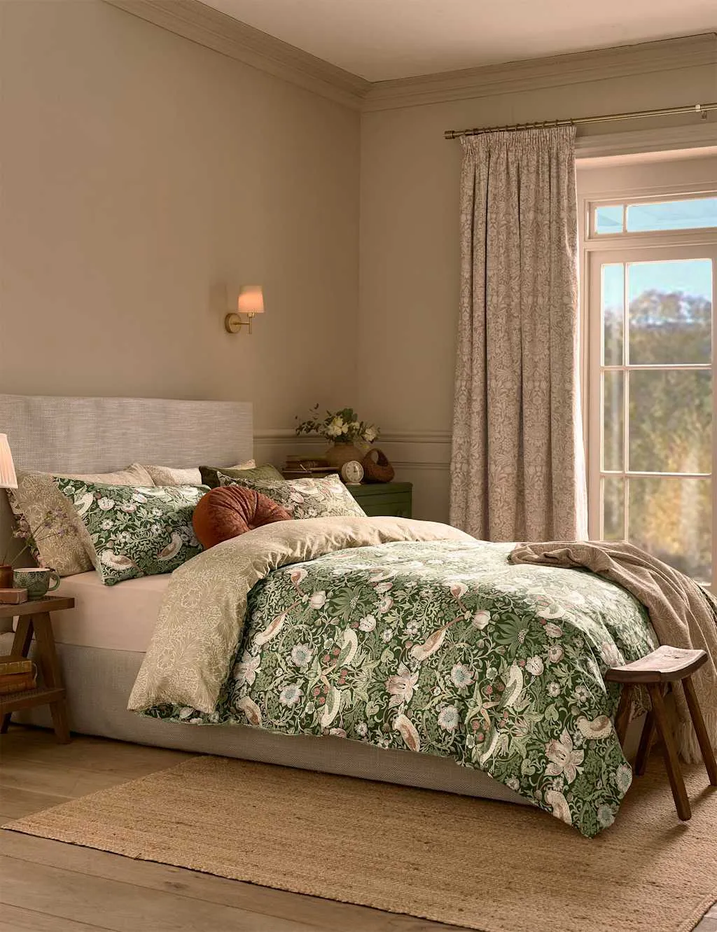 William Morris At Home Pure Cotton Strawberry Thief Bedding Set Green Mix